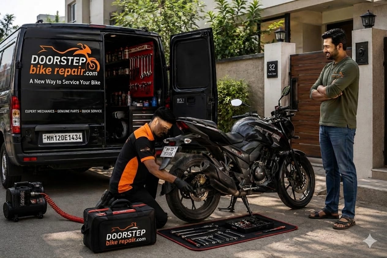Mechanic servicing a motorcycle outdoors